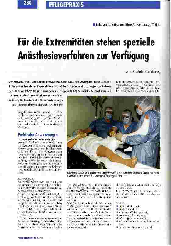 Vorschauseite 1: Für die Extremitäten stehen spezielle Anästhesieverfahren zur Verfügung Lokalanästhetika und ihre Anwendung / Teil 3