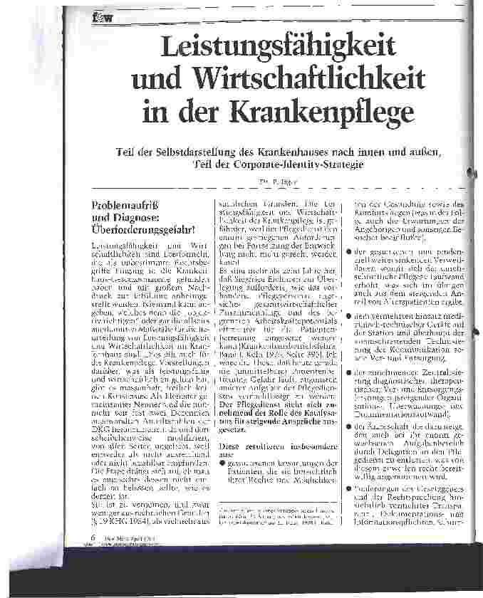 Vorschauseite 1: Leistungsfähigkeit und Wirtschaftlichkeit in der Krankenpflege Teil der Selbstdarstellung des Krankenhauses nach innen und außen