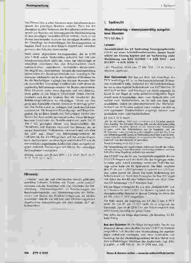 Vorschauseite 1: Anwendbarkeit des § 8 Tarifvertrag Versorgungsbelriebe (TV-V) auf einen Schichtdienstleistenden, dessen Nachtschicht am Feiertag beginnt und am Nachfeiertag endet (Fortführung von…