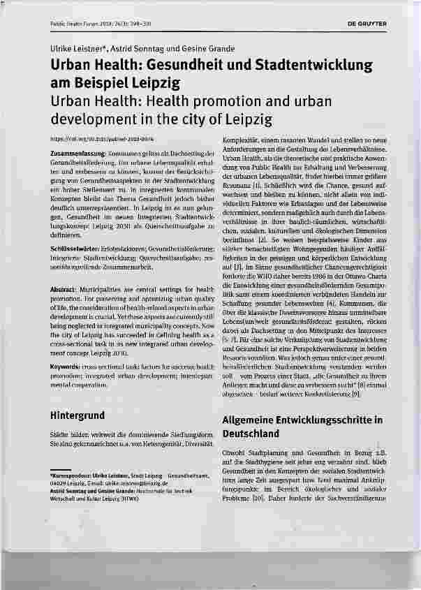 Vorschauseite 1: Urban Health: Gesundheit und Stadtentwicklung am Beispiel Leipzig Urban Health: Health promotion and urban development in the city of Leipzig
