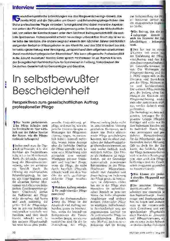 Vorschauseite 1: In selbstbewußter Bescheidenheit Perspektiven zum gesellschaftlichen Auftrag professioneller Pflege
