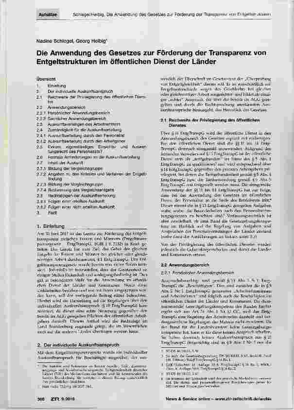 Vorschauseite 1: Die Anwendung des Gesetzes zur Förderung der Transparenz von Entgeltstrukturen im öffentlichen Dienst der Länder