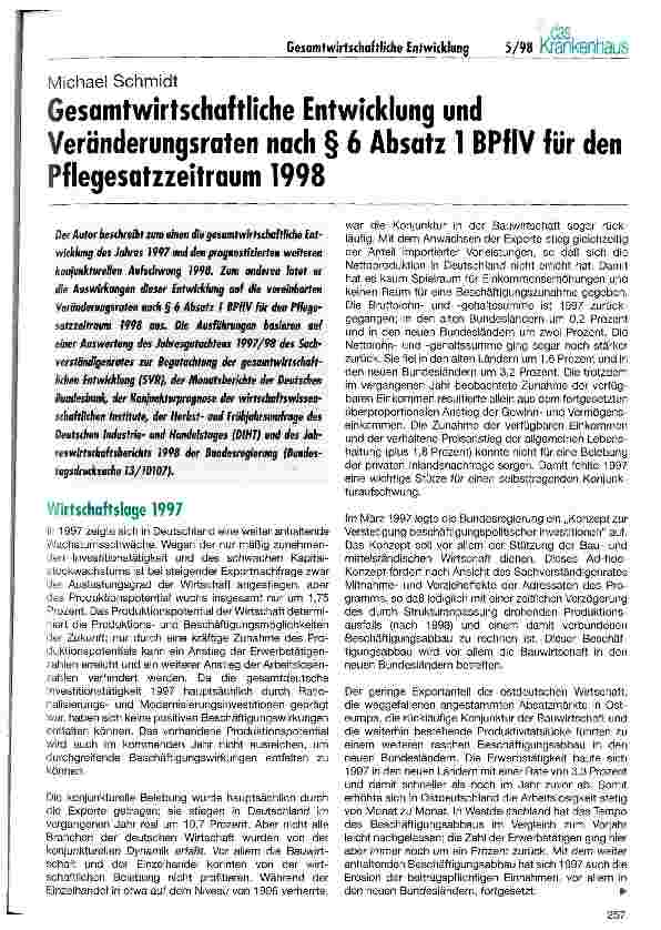 Vorschauseite 1: Gesamtwirtschaftliche Entwicklung und Veränderungsraten nach  6 Abs. 1 BPflV für den Pflegesatzzeitraum 1998