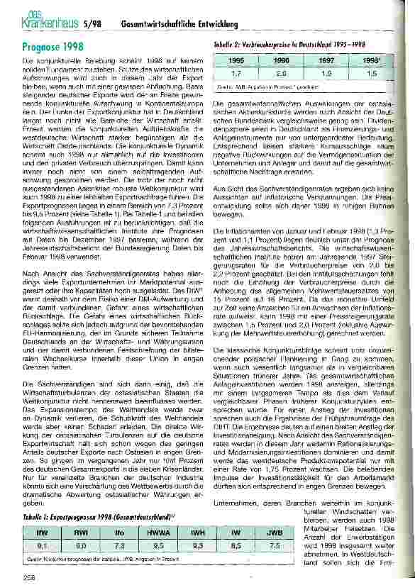 Vorschauseite 2: Gesamtwirtschaftliche Entwicklung und Veränderungsraten nach  6 Abs. 1 BPflV für den Pflegesatzzeitraum 1998