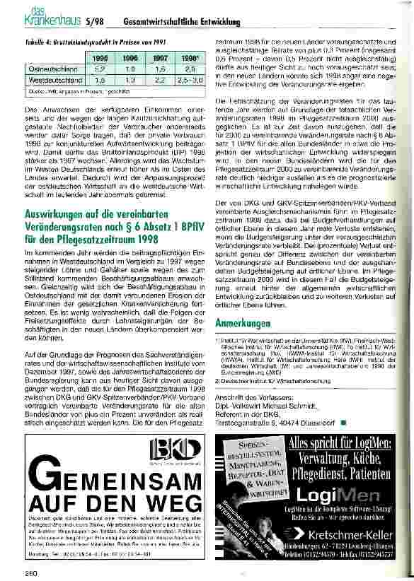 Vorschauseite 4: Gesamtwirtschaftliche Entwicklung und Veränderungsraten nach  6 Abs. 1 BPflV für den Pflegesatzzeitraum 1998