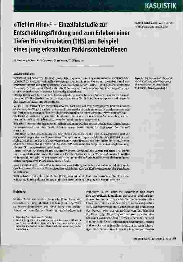 Vorschauseite 1: »Tief im Hirn« Einzelfallstudie zur Entscheidungsfindung und zum Erleben einer Tiefen Hirnstimulation (THS) am Beispiel eines jung erkrankten Parkinsonbetroffenen