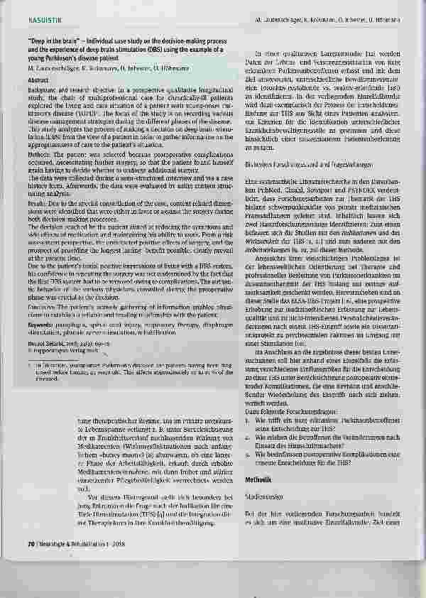 Vorschauseite 2: »Tief im Hirn« Einzelfallstudie zur Entscheidungsfindung und zum Erleben einer Tiefen Hirnstimulation (THS) am Beispiel eines jung erkrankten Parkinsonbetroffenen