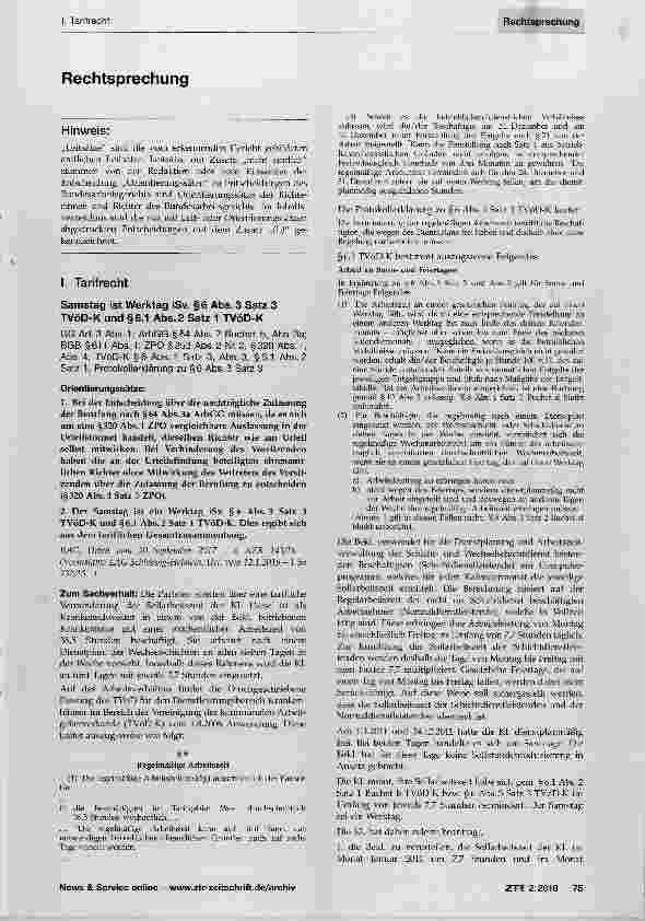 Vorschauseite 1: Samstag ist Werktag iSv. §6 Abs. 3 Satz 3 TVöD-K und §6.1 Abs. 2 Satz 1 TVöD-K