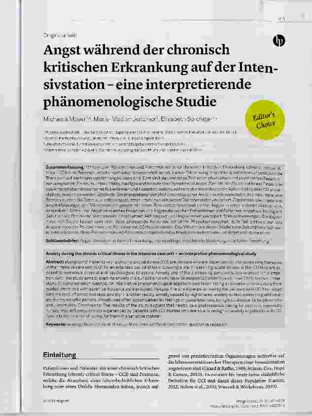 Vorschauseite 1: Angst während der chronisch kritischen Erkrankung auf der Intensivstation eine interpretierende phänomenologische Studie