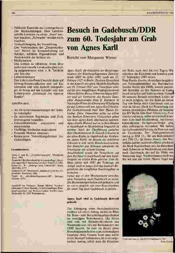 Vorschauseite 1: Besuch in Gadebusch/DDR zum 60. Todesjahr am Grab von Agnes Karll