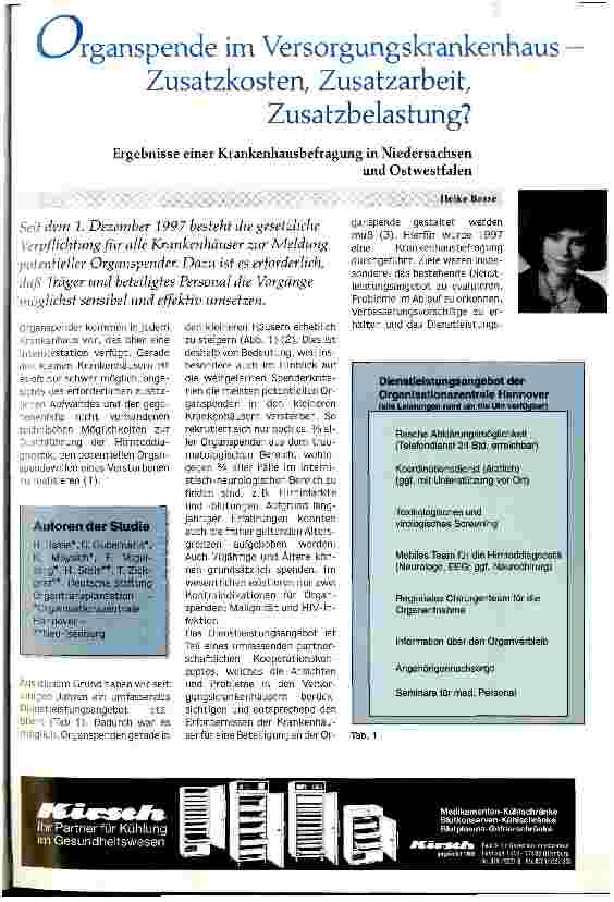 Vorschauseite 1: Organspende im Versorgungskrankenhaus - Zusatzkosten, Zusatzarbeit, Zusatzbelastung? Ergebnisse einer Krankenhausbefragung in Niedersachsen und Ostwestfallen