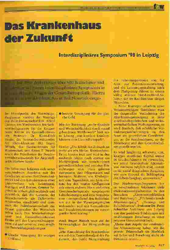 Vorschauseite 1: Das Krankenhaus der Zukunft Interdisziplinäres Symposium 98 in Leipzig
