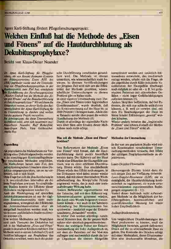 Vorschauseite 1: Welchen Einfluß hat die Methode des Eisen und Fönens auf die Hautdurchblutung als Dekubitusprophylaxe?