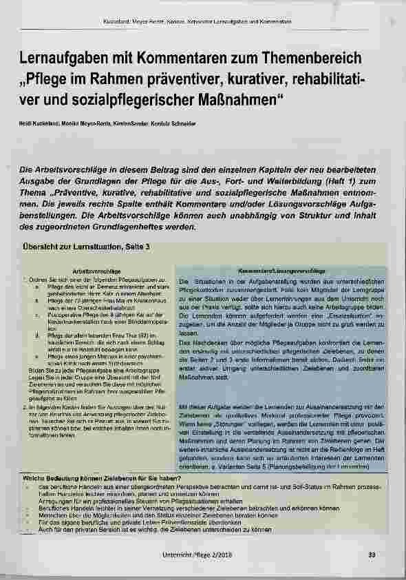 Vorschauseite 1: Lernaufgaben mit Kommentaren zum Themenbereich „Pflege im Rahmen präventiver, kurativer, rehabilitativer und sozialpflegerischer Maßnahmen“