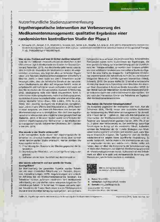 Vorschauseite 1: Nutzerfreundliche Studienzusammenfassung Ergotherapeutische Intervention zur Verbesserung des Medikamentenmanagements: qualitative Ergebnisse einer randomisierten kontrollierten S…