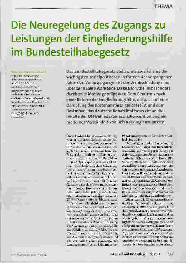 Vorschauseite 1: Die Neuregelung des Zugangs zu Leistungen der Eingliederungshilfe im Bundesteilhabegesetz