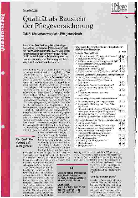 Vorschauseite 1: Qualität als Baustein der Pflegeversicherung Teil 3: Die verantwortliche Pflegefachkraft