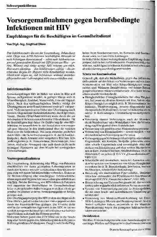 Vorschauseite 1: Vorsorgemaßnahmen gegen berufsbedingte Infektionen mit HIV Empfehlungen für die Beschäftigten im Gesundheitsdienst