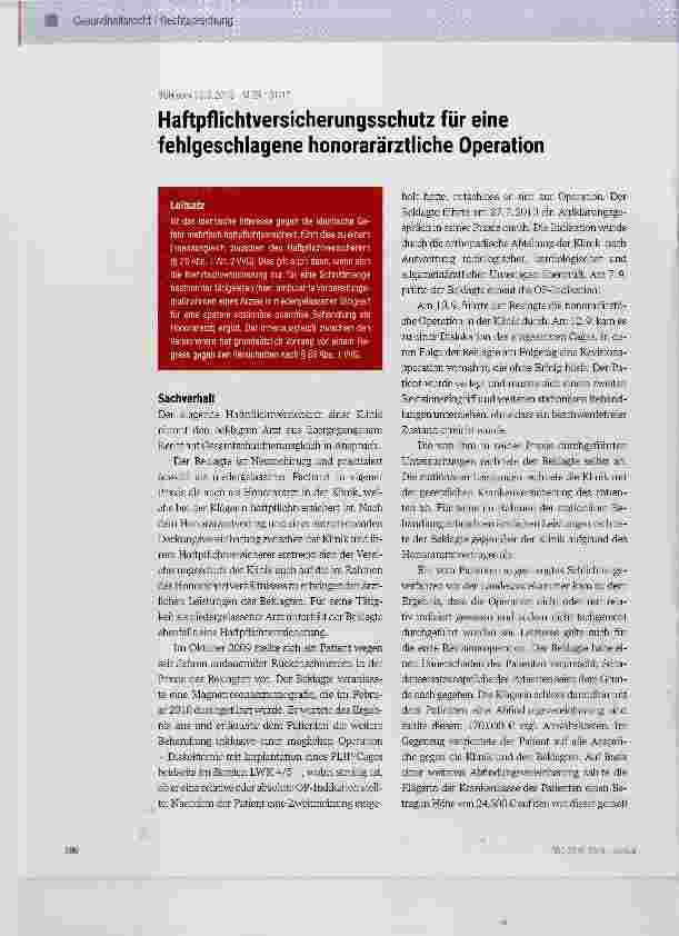 Vorschauseite 1: Haftpflichtversicherungsschutz für eine fehlgeschlagene honorarärztliche Operation