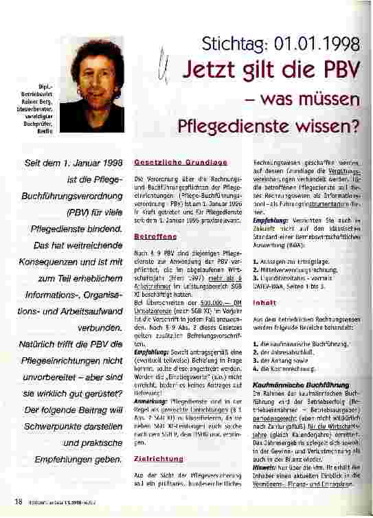 Vorschauseite 1: Stichtag: 01. 01. 1998 Jetzt gilt die PBV - was müssen Pflegedienste wissen?
