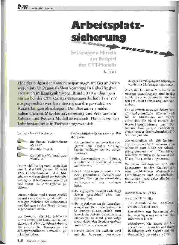 Vorschauseite 1: Arbeitsplatzsicherung bei knappen Mitteln am Beispiel des CTT-Modells