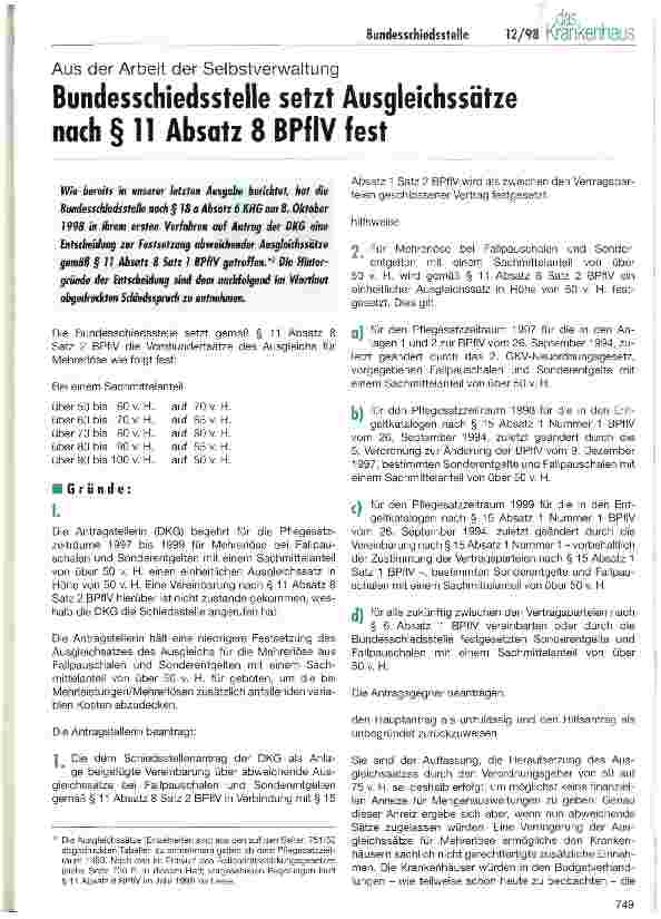 Vorschauseite 1: Aus der Arbeit der Selbstverwaltung Bundesschiedsstelle setzt Ausgleichsätze nach § 11 Absatz 8 BPflV fest
