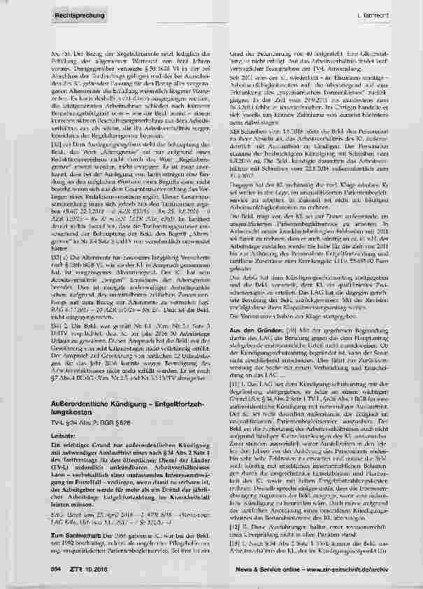 Vorschauseite 1: Außerordentliche Kündigung Entgeltfortzahlungskosten TV-L § 34 Abs. 2; BGB § 626