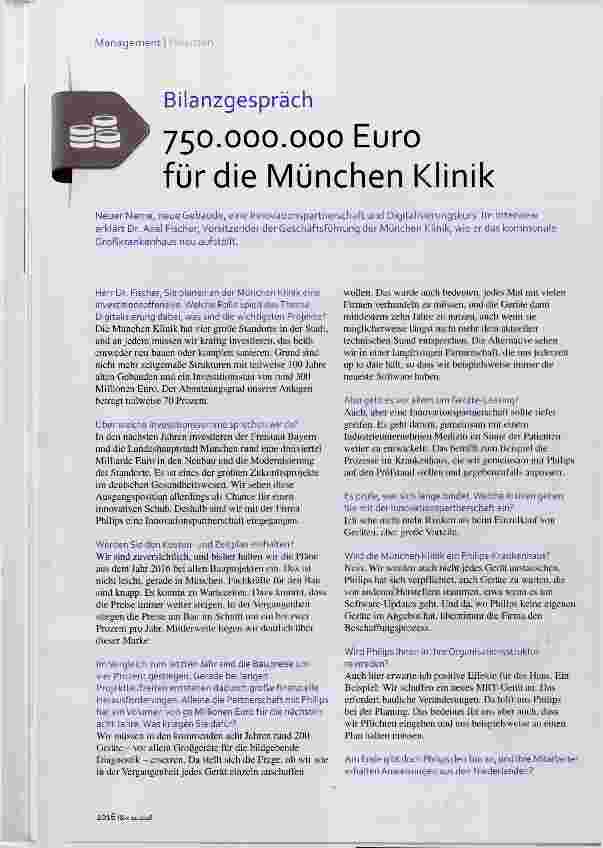 Vorschauseite 1: Bilanzgespräch 750.000.000 Euro für die München Klinik