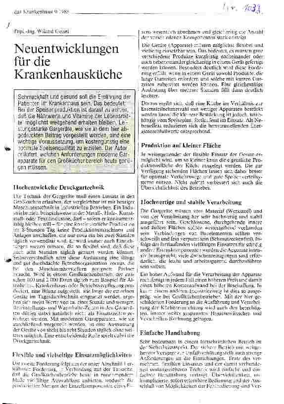 Vorschauseite 1: Neuentwicklungen für die Krankenhausküche