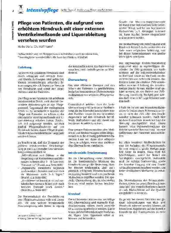 Vorschauseite 1: Pflege von Patienten, die aufgrund von erhöhtem Hirndruck mit einer externen Ventrikelmeßsonde und Liquorableitung versehen wurden