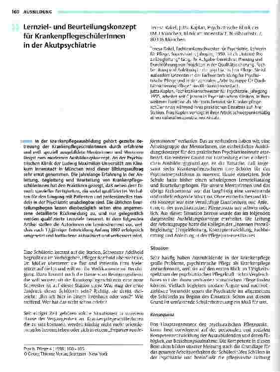 Vorschauseite 1: Lernzielund Beurteilungskonzept für KrankenpflegeschülerInnen in der Akutpsychiatrie