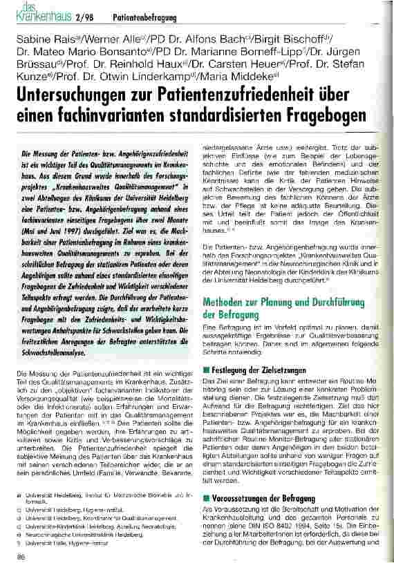 Vorschauseite 1: Untersuchungen zur Patientenzufriedenheit über einen fachinvarianten standardisierten Fragebogen