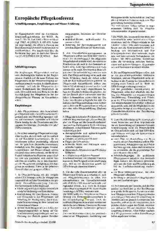 Vorschauseite 1: Europäische Pflegekonferenz Schlußfolgerungen, Empfehlungen und Wiener Erklärung,