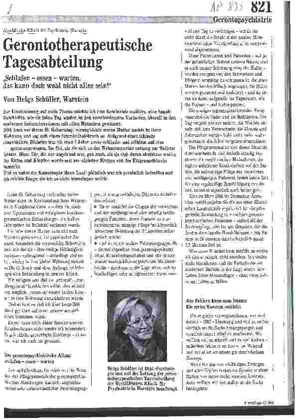 Vorschauseite 1: Westfälische Klinik für Psychiatrie Warstein: Gerontotherapeutische Tagesabteilungen //Schlafen-essen-warten, das kann doch nicht alles sein