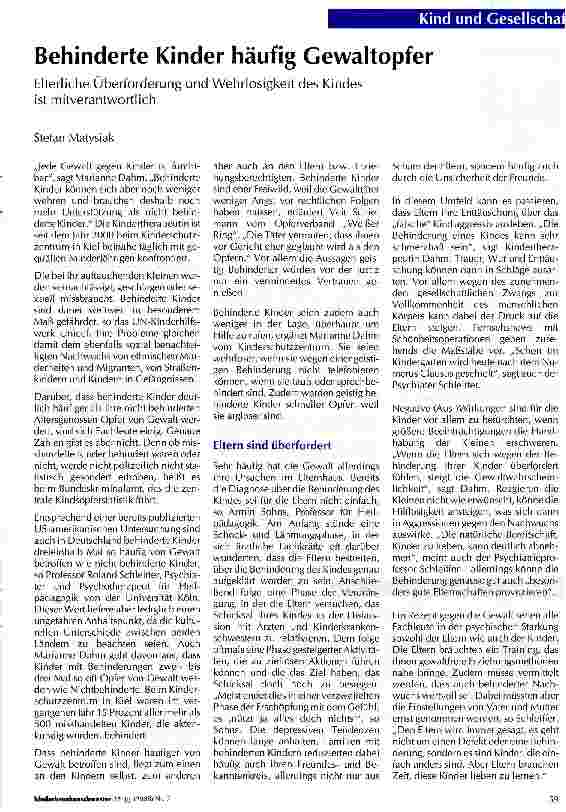 Vorschauseite 1: Behinderte Kinder häufig Gewaltopfer