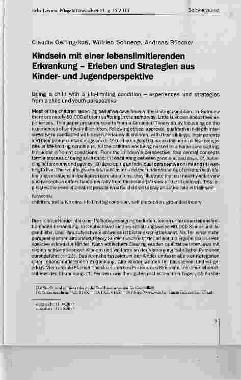 Vorschauseite 1: Kindsein mit einer iebensiimitierenden Erkrankung Erieben und Strategien aus Kinderund Jugend Perspektive