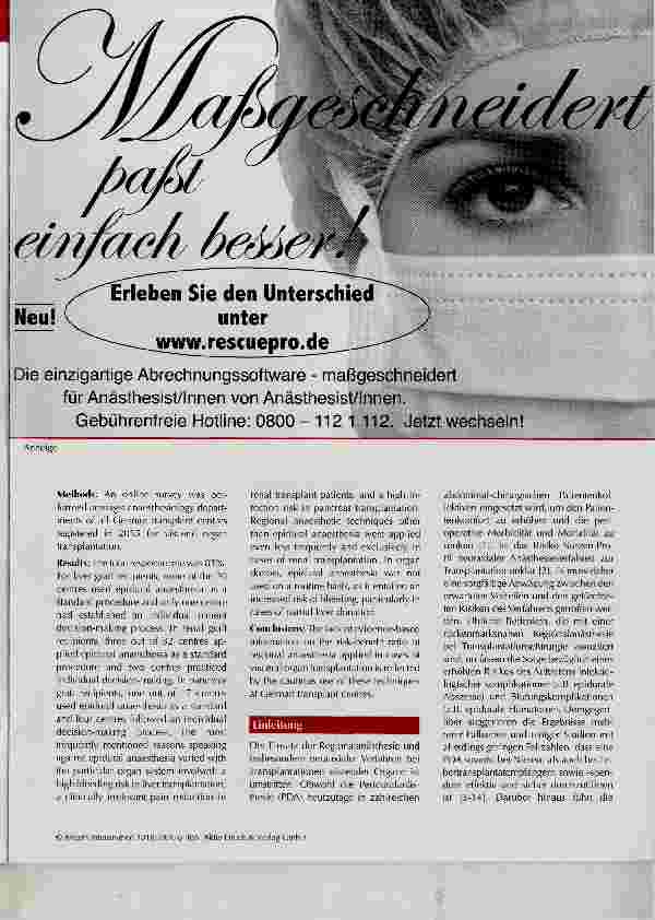 Vorschauseite 2: Einsatz von Regionalanästhesieverfahren zur Transplantation viszeraler Organe: Status Quo an deutschen Transplantationszentren