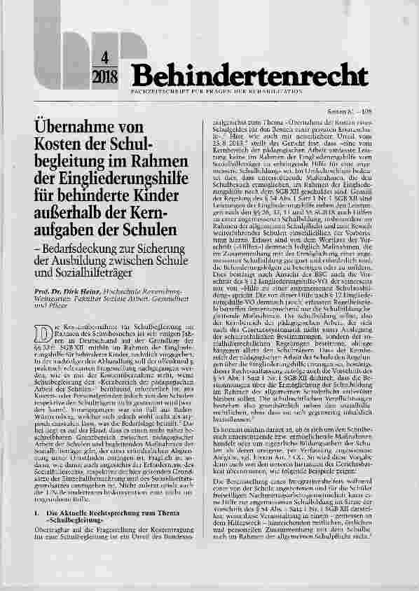 Vorschauseite 1: Übernahme von Kosten der Schulbegleitung im Rahmen der Eingliederungshilfe für behinderte Kinder außerhalb der Kernaufgaben der Schulen
