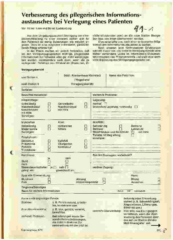 Vorschauseite 1: Verbesserung des pflegerischen Informationsaustausches bei Verlegung eines Patienten