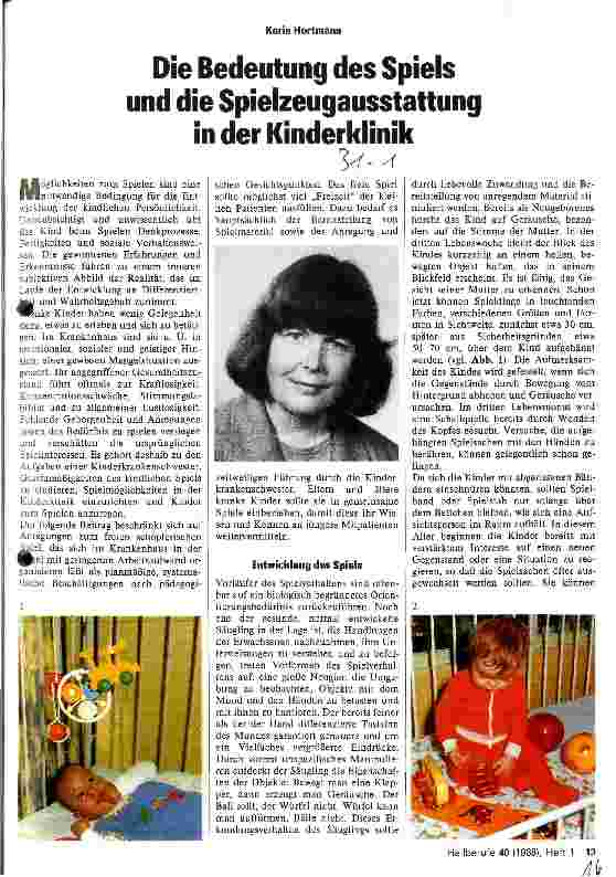 Vorschauseite 1: Die Bedeutung des Spiels und die Spielzeugausstattung in der Kinderklinik