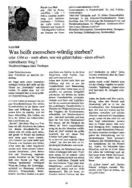 Vorschauseite 1: Was heißt menschen-würdig sterben? oder: Gibt es - nach allem, was wir gehört haben - einen ethisch vertretbaren Weg?
