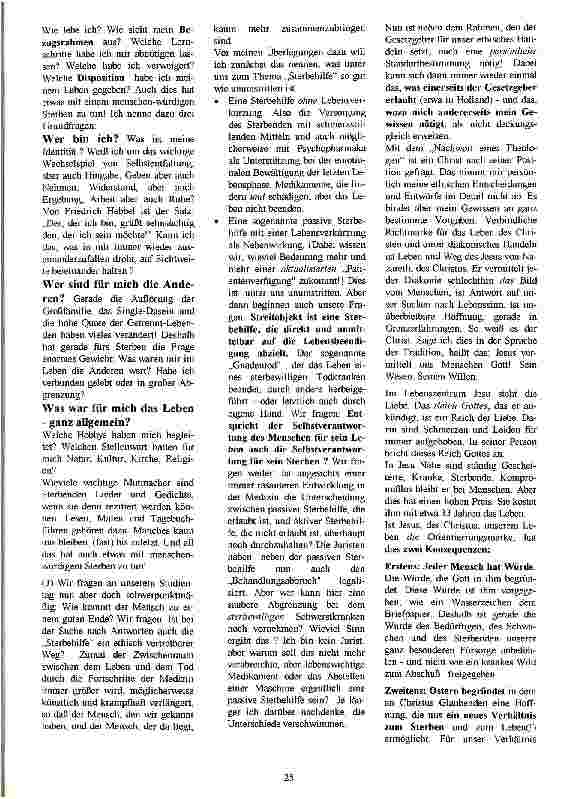 Vorschauseite 2: Was heißt menschen-würdig sterben? oder: Gibt es - nach allem, was wir gehört haben - einen ethisch vertretbaren Weg?