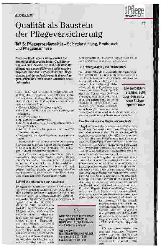 Vorschauseite 1: Qualität als Baustein der Pflegeversicherung Teil 5: Pflegeprozeßqualität - Selbstdarstellung, Erstbesuch und Pflegeanamnese