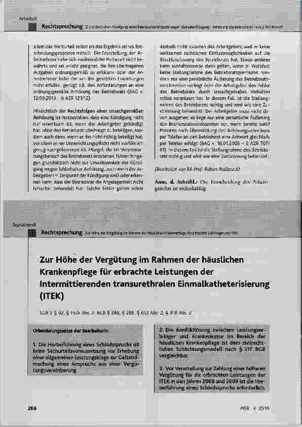 Vorschauseite 1: Zur Höhe der Vergütung im Rahmen der häuslichen Krankenpflege für erbrachte Leistungen der Intermittierenden transurethralen Einmalkatheterisierung (ITEK)