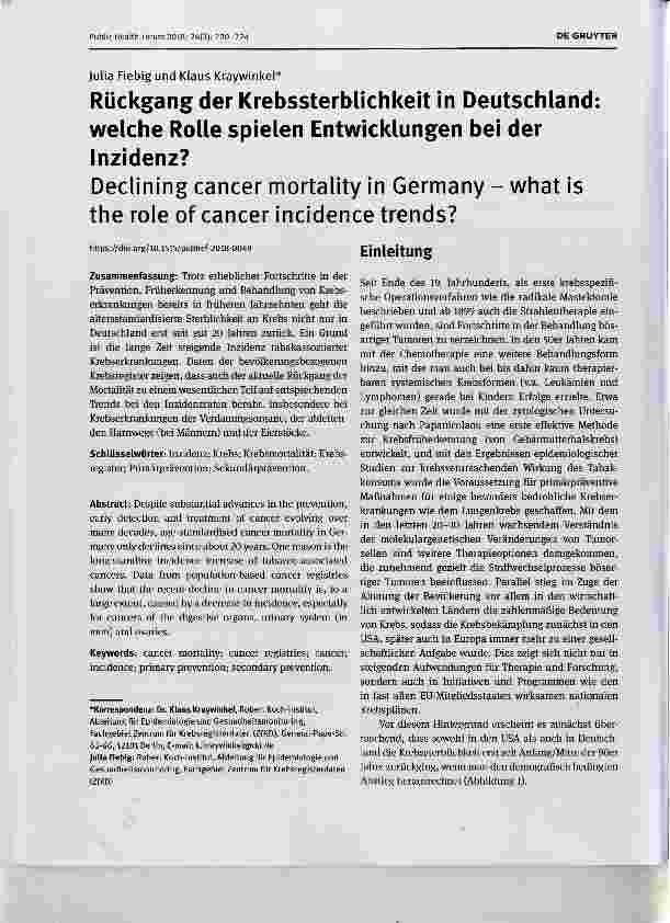 Vorschauseite 1: Rückgang der Krebssterblichkeit in Deutschland: welche Rolle spielen Entwicklungen bei der Inzidenz? Declining cancer mortality in Germany what is the role of cancer incidence tre…