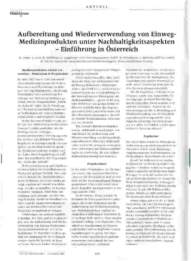 Vorschauseite 1: Aufbereitung und Wiederverwendung von Einweg-Medizinprodukten unter Nachhaltigkeitsaspekten-Einführung in Österreich