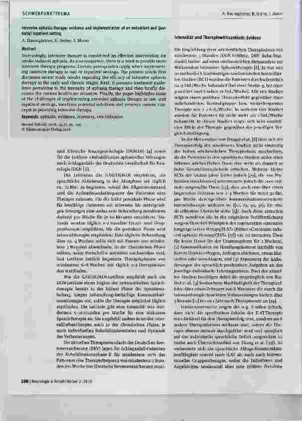 Vorschauseite 2: Intensive Aphasietherapie:Evidenz und Umsetzung im ambulanten und (teil-)stationären Setting