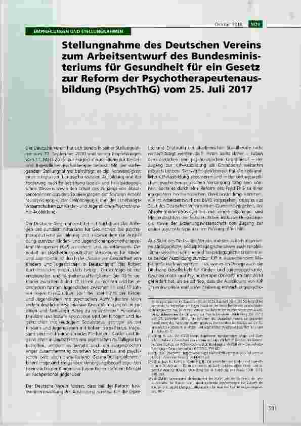 Vorschauseite 1: Stellungnahme des Deutschen Vereins zum Arbeitsentwurf des Bundesministeriums für Gesundheit für ein Gesetz zur Reform der Psychotherapeutenausbildung (PsychThG) vom 25. Juli 2017