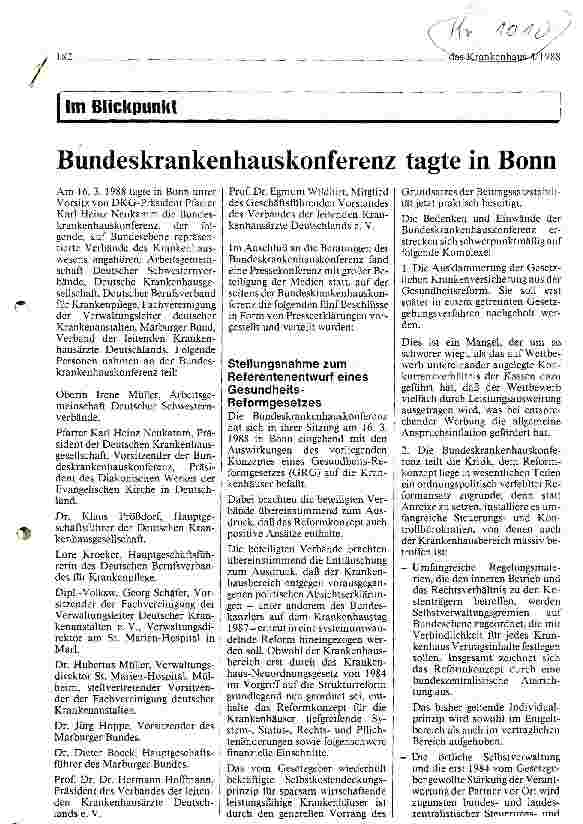 Vorschauseite 1: Bundeskrankenhauskonferenz tagte in Bonn Stellungsnahme zum Referentenentwurf eines Gesundheits-Reformgesetzes
