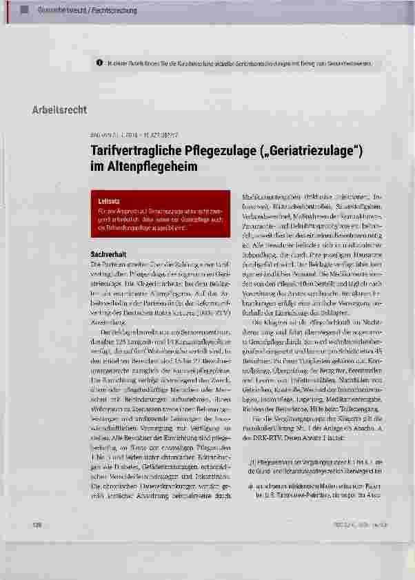Vorschauseite 1: Tarifvertragliche Pflegezulage („Geriatriezulage“) im Altenpflegeheim
